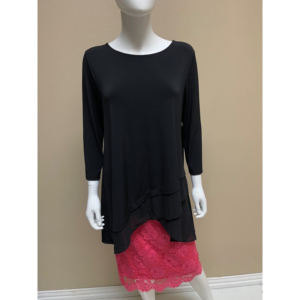 Alfani Luxury Black Stretch Top Women's M A-Line Tiered Chiffon Hem 3/4 Sleeve